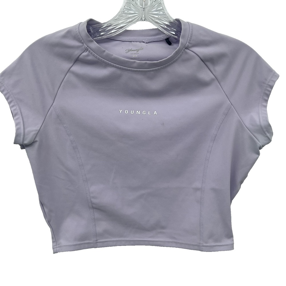 YOUNG LA Women's Sz M Lavender Cap-Sleeve Crewneck Compression Crop Top Shirt